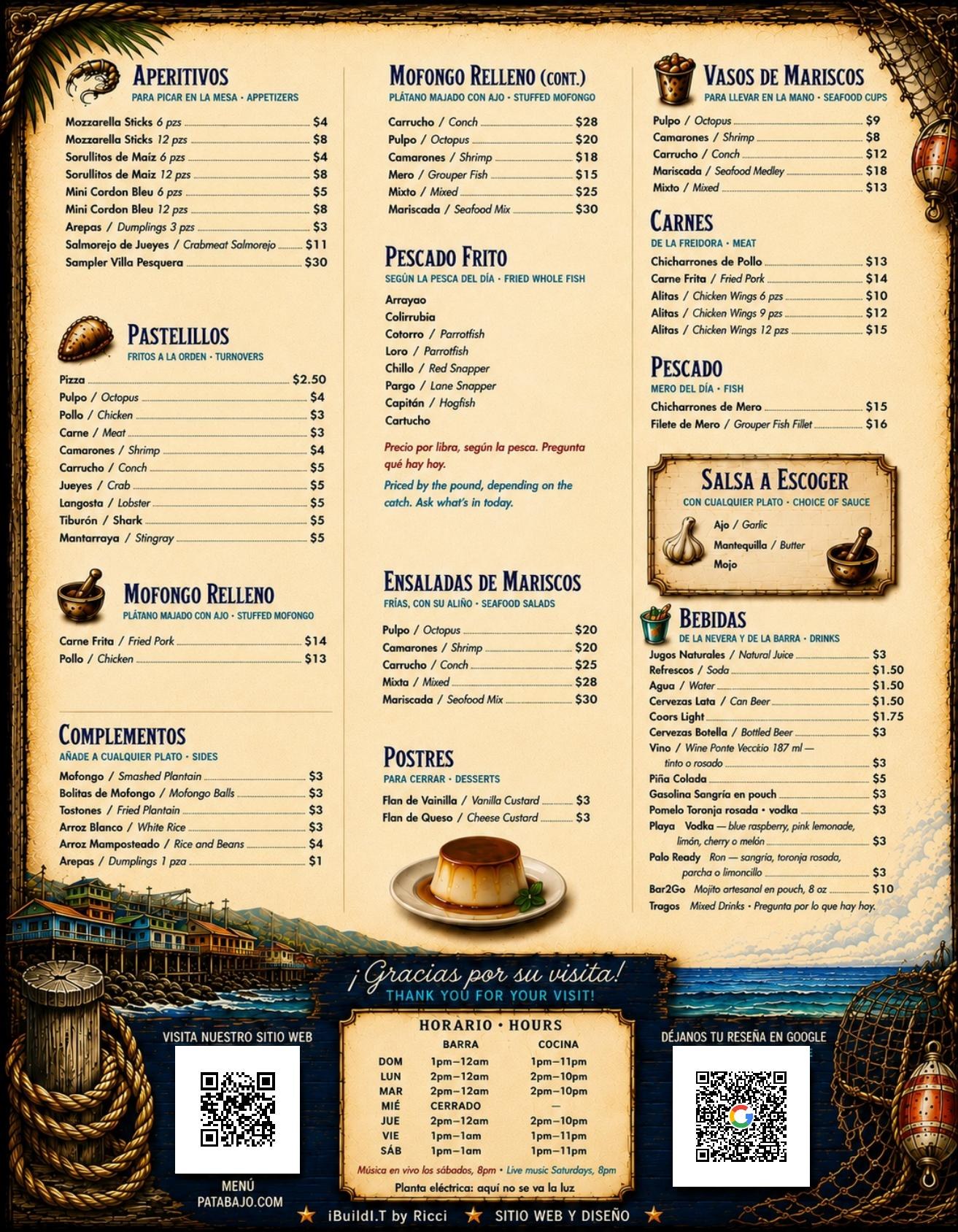 Menú Pata Bajo Pescadería — platos y precios